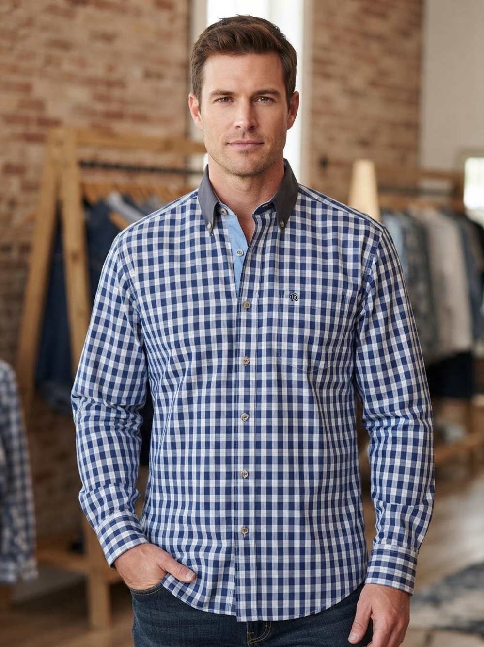 Roper Blue and White Gingham Button-Down Shirt with Dark Contrast Collar